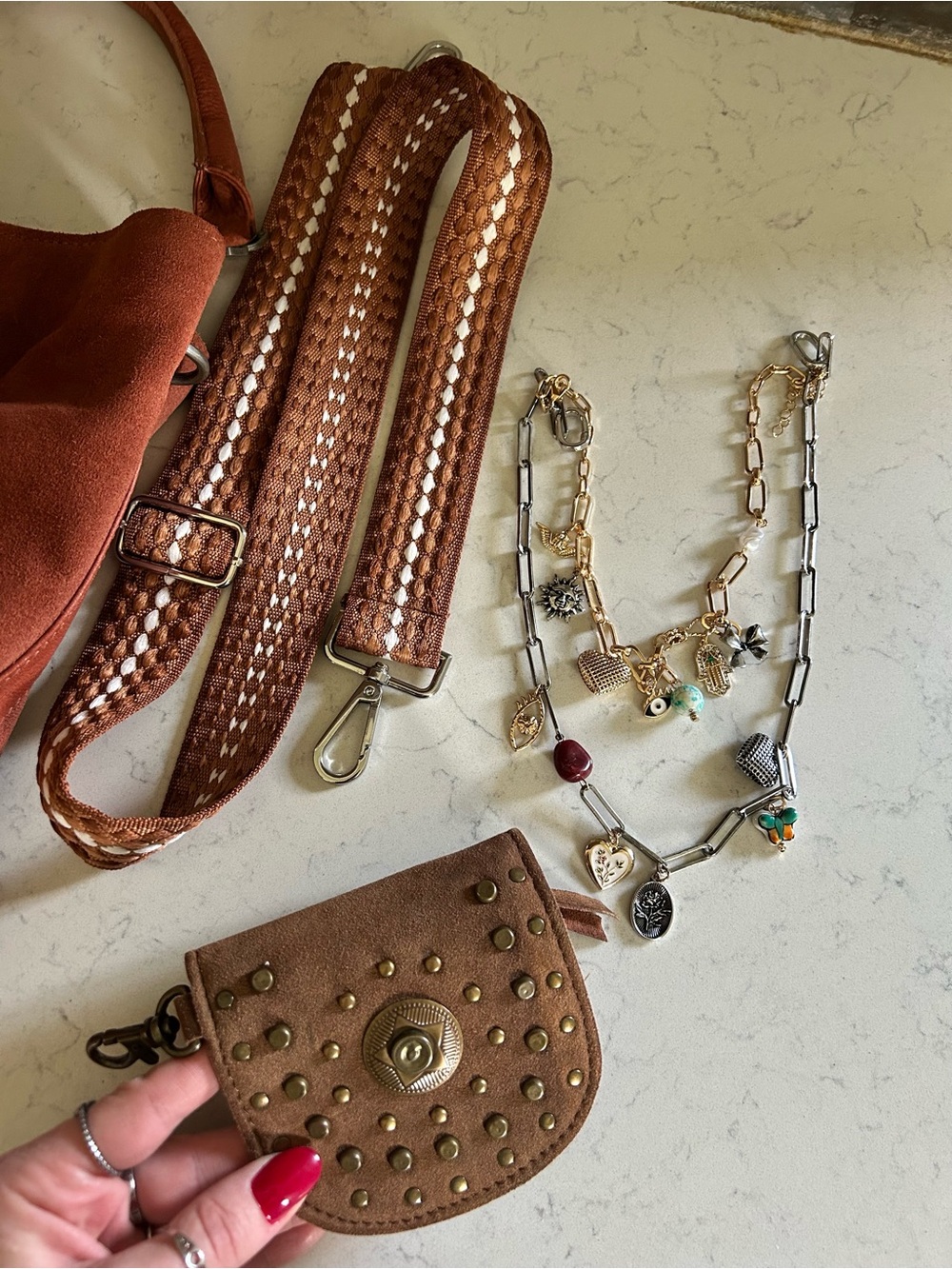 Free People Suzie Suede Slouchy Tote Bag in Between Brown with Wallet/Charm - Picture 15 of 16